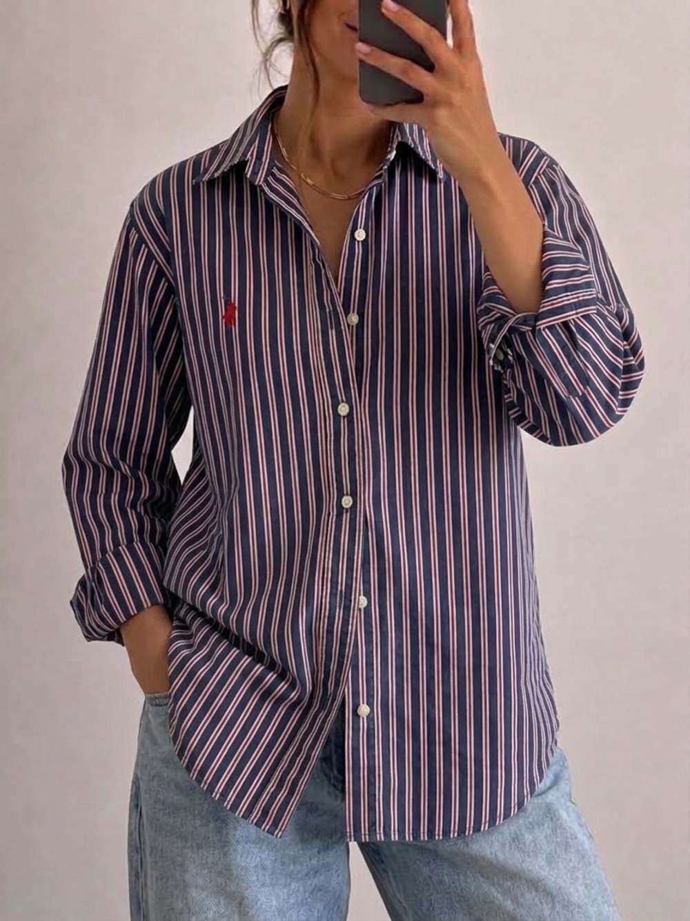 Ralph Lauren Oversized Button Down Shirt Size Medium Striped Red Navy Women’s